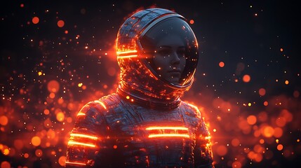 A futuristic astronaut in a glowing spacesuit.