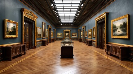 Elegant art gallery hallway featuring classical paintings and ornate gold frames