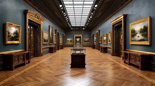 Elegant art gallery hallway featuring classical paintings and ornate gold frames - Powered by Adobe