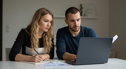 Fototapeta premium Couple Doing Paperwork and Finances Together at Home