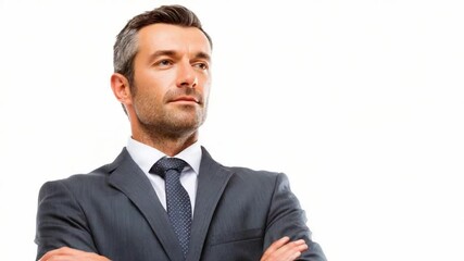 Confident Professional Portrait: A composed businessman in a tailored suit, his arms crossed, exuding confidence. A look of self-assurance and a strategic vision of success in his eyes. - Powered by Adobe