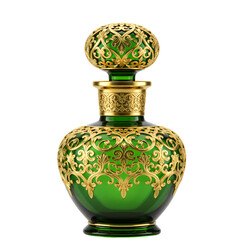 Ornate Emerald Green Perfume Bottle with Gold Accents isolated on transparent baackground