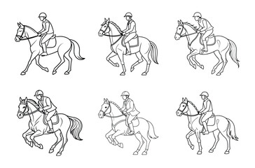 Set of Horse Riding and Equestrian Sports Line Drawings.