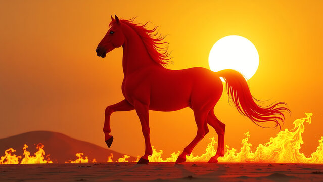majestic red firehorse stands proudly golden sunset backdrop vibrant mane tail flowing flames engulf