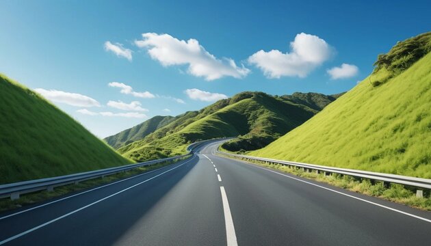 Scenic Winding Road Through Green Hills Under a Blue Sky