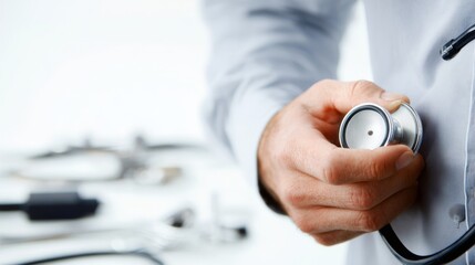 Close-up of a doctor's hand holding a stethoscope chest-piece in a clinical setting, wearing a light-colored medical coat with blurred medical equipment in the background.