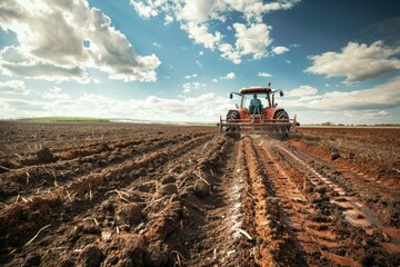 Fototapeta premium Farmer in tractor preparing land with seedbed cultivator as part of pre seeding activities. Neural network ai generated
