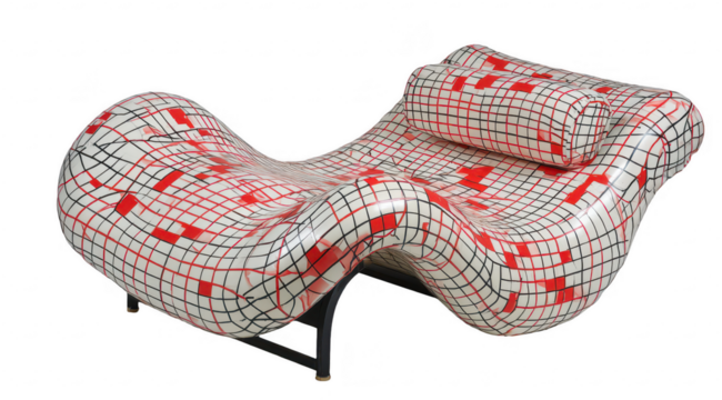 Modern chaise lounge, red/white grid pattern