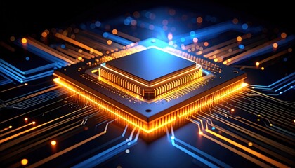Fototapeta premium Close-up of a glowing microprocessor on a circuit board with vibrant blue and orange lights
