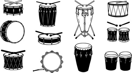 Collection of Black and White Drum Illustrations Representing Musical Instruments
