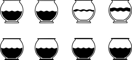 A collection of black and white vector illustrations of fishbowls at varying fill levels
