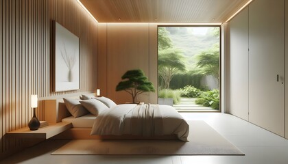 A Luxurious bedroom interior design: A bedroom with a large bed and wooden floors.