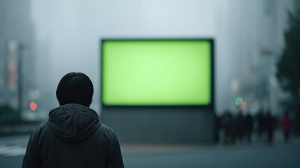 A lone silhouette gazes at a glowing green void in urban mist, evoking Tech-Free Day and Digital Sabbatical