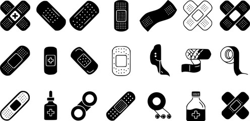 Black and white vector illustration of medical bandages and band aids
