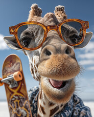 Close-up portrait of funny giraffe in sunglasses with skateboard on blue sky background