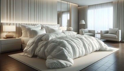 A Luxurious bedroom interior design: A bedroom with a large bed and wooden floors.