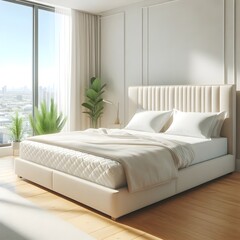 A Luxurious bedroom interior design: A bedroom with a large bed and wooden floors.