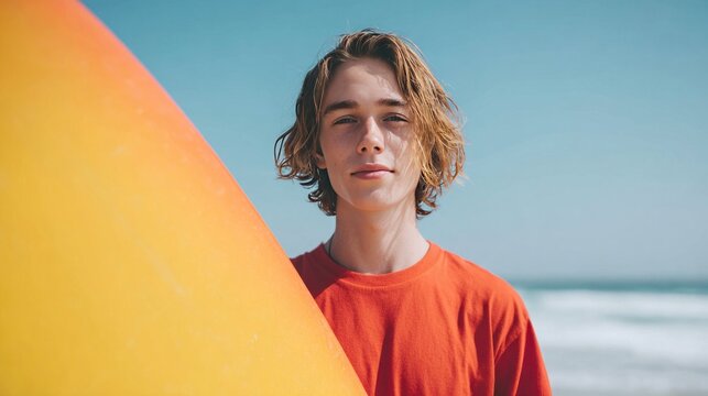 Youthful surfer daydreams by cerulean waves, golden surfboard in hand, embodying Zen beach vibes, World Oceans Day essence