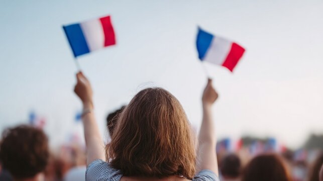 French flags wave above jubilant crowd, Bastille Day celebration, diverse festival pulse, Francophone unity, multicultural joy explodes