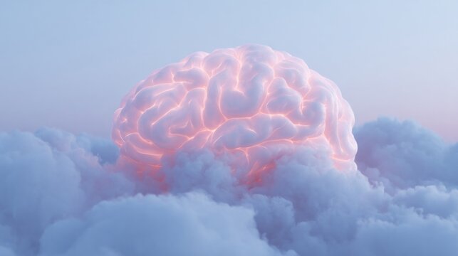 Glowing brain nests among ethereal clouds, embodying cerebral whimsy, perfect for Surrealism Day and World Creativity and Innovation Week