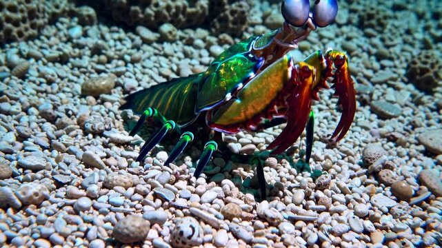 Vibrant underwater video still of a colorful mantis shrimp on a rocky seabed. Captured from a low angle, showcasing its vivid hues and unique form.