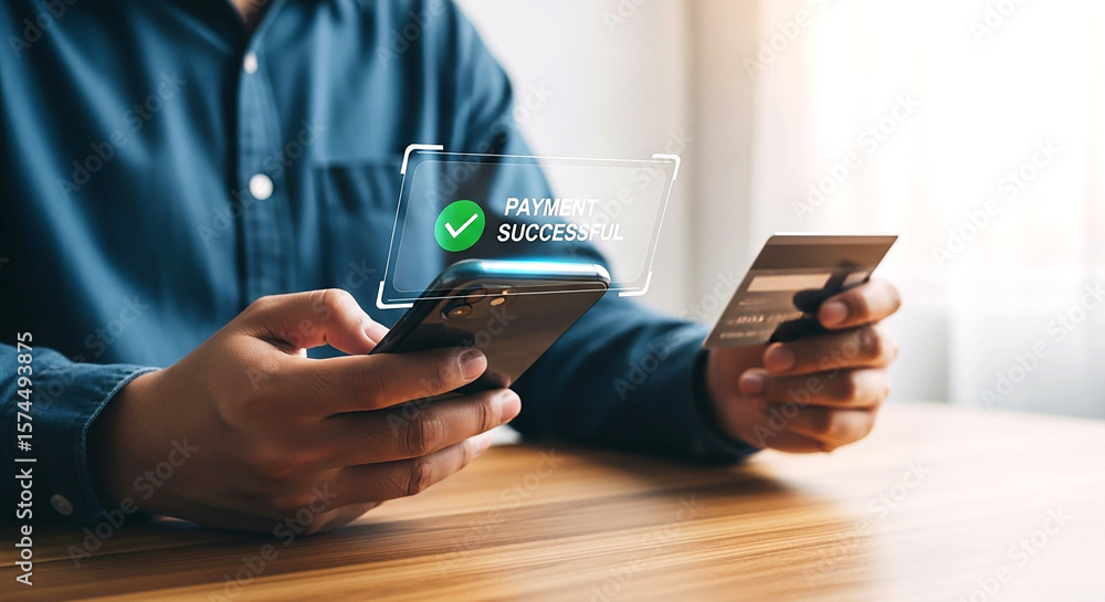 Poster online payment successful mobile phone transaction credit card digital banking finance technology ec