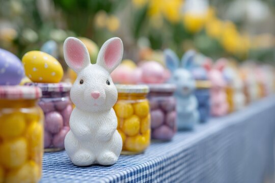 Whimsical ceramic bunnies guard pastel candy jars on a checkered table, evoking Easter, Ostara celebrations, and springtime renewal