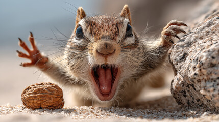 Close up shot of a cute chipmunk with a walnut
