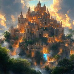 Obraz premium Majestic, luminous city nestled atop a hill.