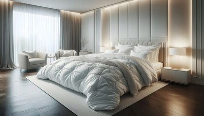 A Luxurious bedroom interior design: A bedroom with a large bed and wooden floors.