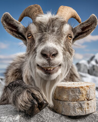 Portrait of a goat with cheese on the background of the mountains
