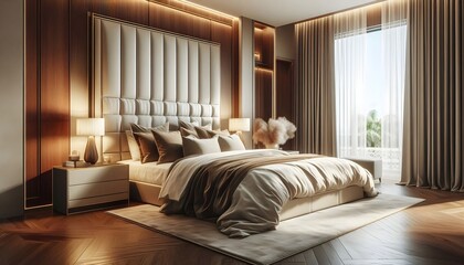 A Luxurious bedroom interior design: A bedroom with a large bed and wooden floors.