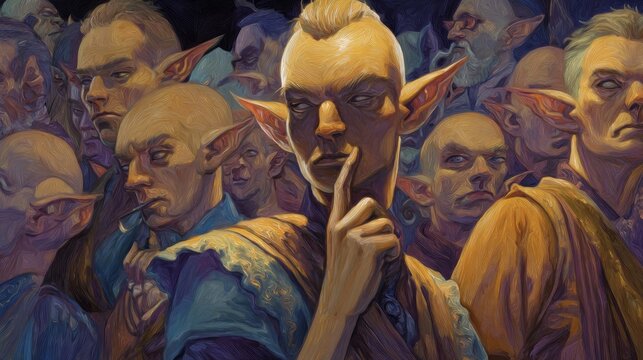 Mysterious gathering of whimsical humanoid creatures, contemplating under moonlit tapestry, evoking the spirit of Midwinter Night's Dream and Elven Festivities