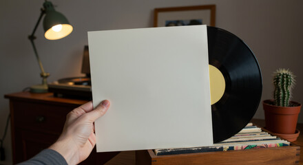 Blank vinyl record cover sleeve mockup template held by hand in cozy retro nostalgic interior with record player, lamp, cactus, warm light, vintage music collection, Vinyl Revival Week. Copy space