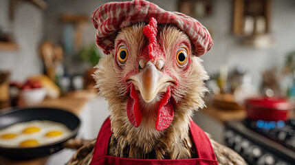 Portrait of a chicken with a red hat in the kitchen.