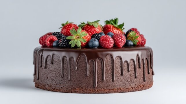 Chocolate cascade cake crowned with lush berries, evokes indulgence; celebrate Berry Fest and National Chocolate Day's sweet embrace