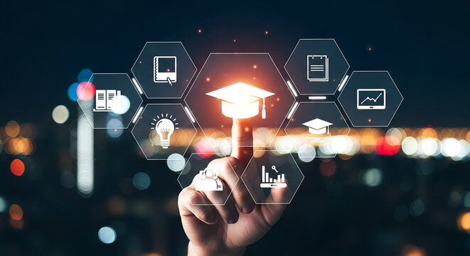 Hand pressing glowing icon with network interface representing cloud data connection and services - Powered by Adobe