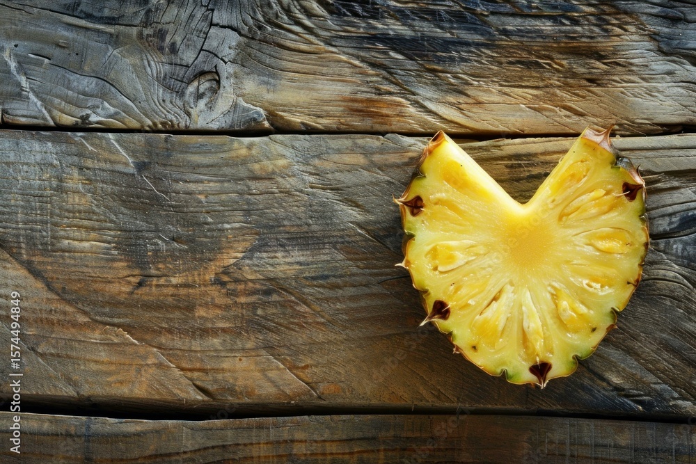 Poster pineapple slice with a heart shape cut out, placed on a weathered wooden table, creating a simple ye