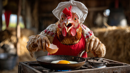 Funny rooster in a red apron and hat is preparing eggs for rooster.