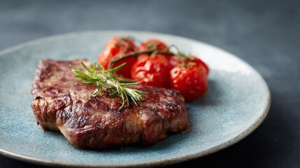 Juicy steak paired with charred tomatoes evokes rustic Tuscan cuisine, perfect for La Festa dei Ceri or Bistecca Night
