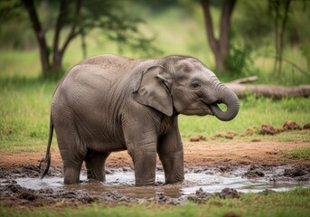 Young Elephant Playing in Mud Puddle - A playful young elephant enjoys a refreshing mud bath, symbolizing childhood joy, nature's beauty, the cycle of life, freedom, and the wonders of the natural