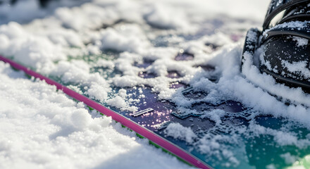 Snow covered snowboard base detail