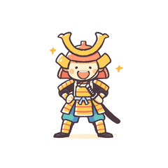 デフォルメ、こどもの日に鎧兜を着る子どものイラスト、シンプル、アイコン、素材、背景なし
