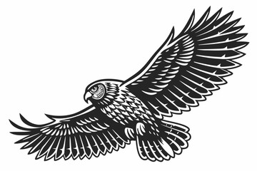 Dramatic linocut owl in flight with spread wings bold black design