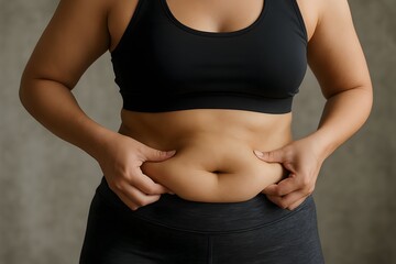 Woman pinching excess belly fat in workout clothes