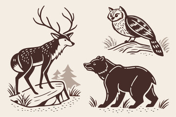 Linocut and woodcut style forest animals icon set featuring deer and fox