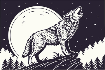 Linocut style wolf howling at moon silhouette with starry night