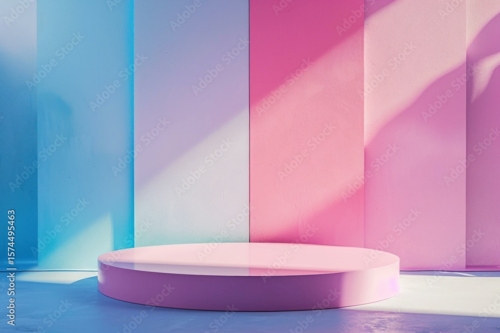 Poster pink round podium standing on a colorful backdrop with sunlight creating shadows, ideal for product 