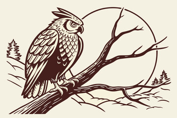High contrast linocut style owl perched on a branch with rust colors