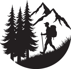 Nature Trekking Silhouette with Mountains and Trees.